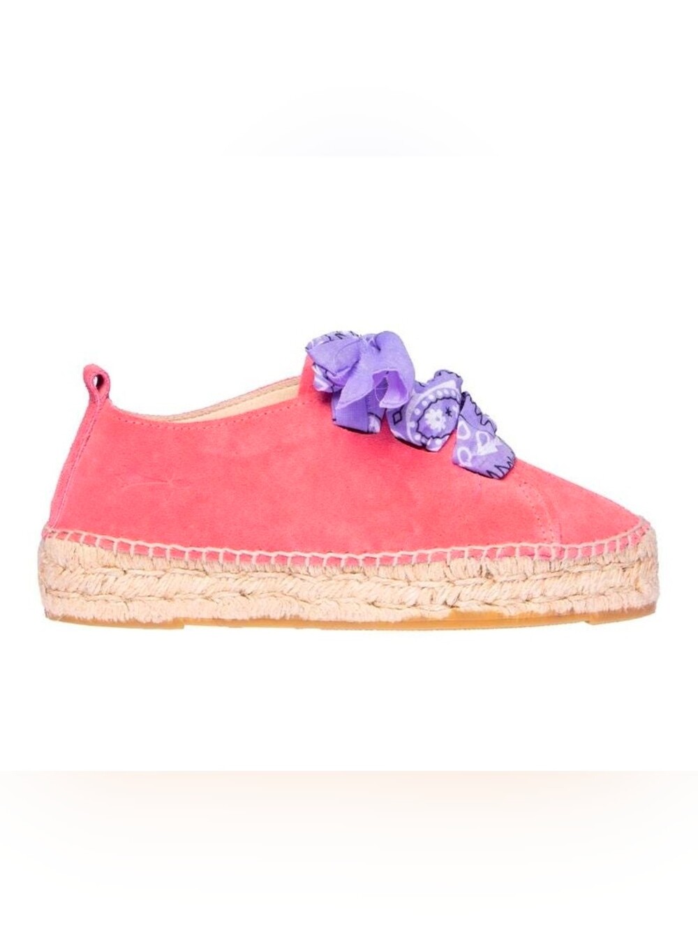 Manebi Rose Pink Espadrilles with purple bandana laces Size 37 Suede Leather